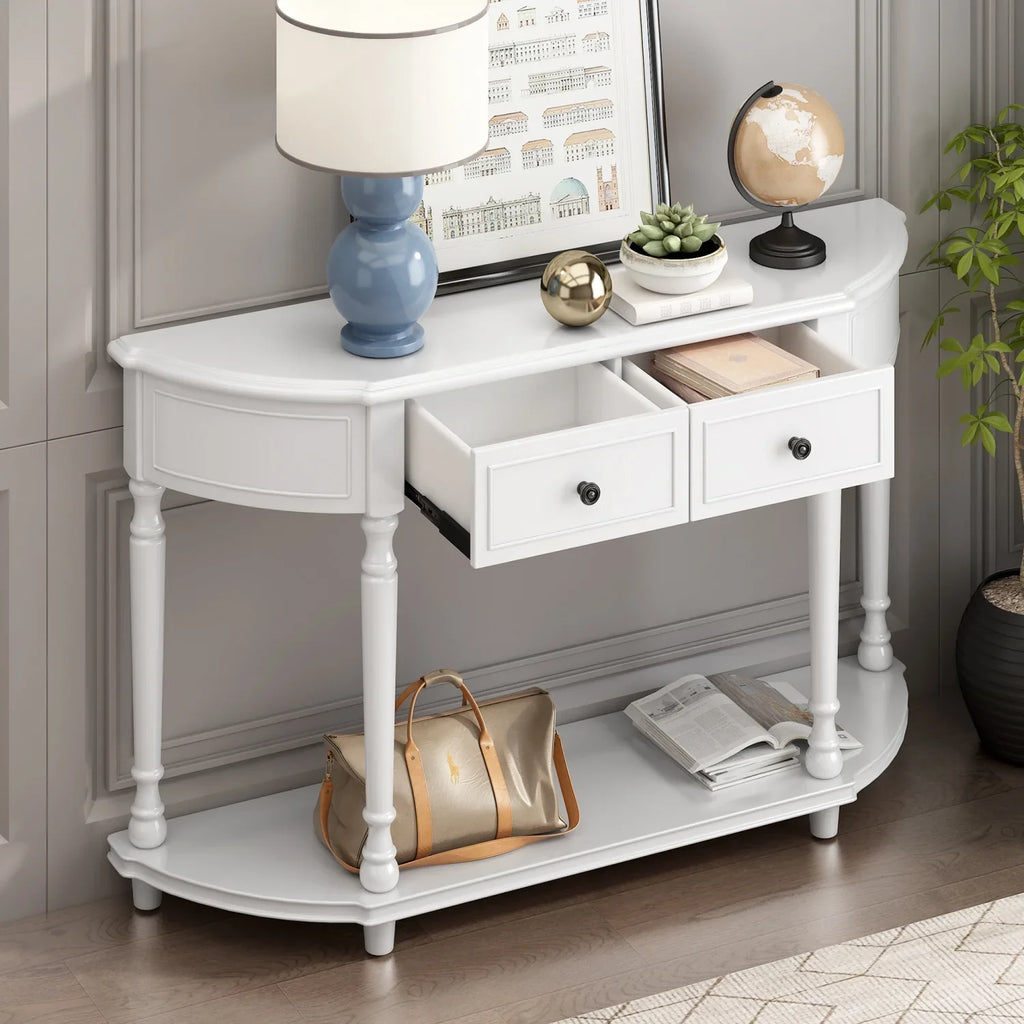 Retro Circular Curved Design Console Table with Open Style Shelf Solid Wooden Frame and Legs Two Top Drawers (White     )