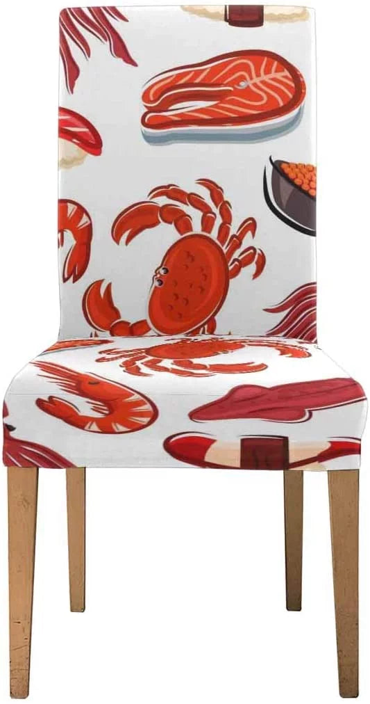 Salmon Steaks Shrimps Crabs Squids Sushi Stretch Chair Cover Protector Seat Slipprotective for Dining Room Hotel Wedding Party Set of 4