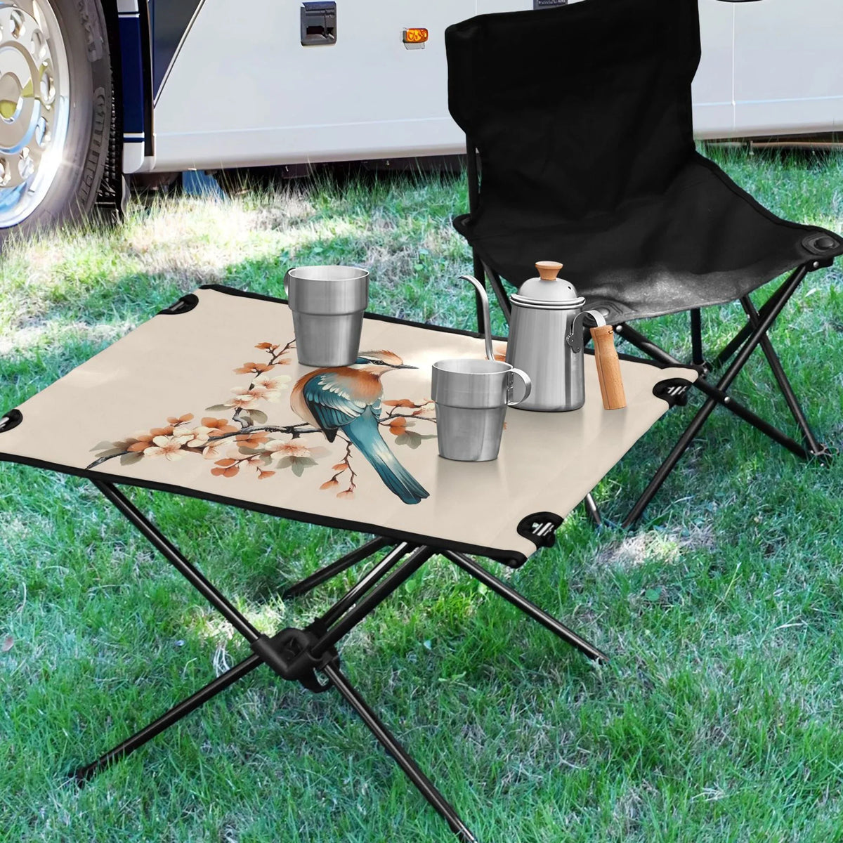 Birds on Flower Branches Camping Folding Table Portable Beach Table with Storage Bag Compact Picnic Table for Outdoor Travel Fishing