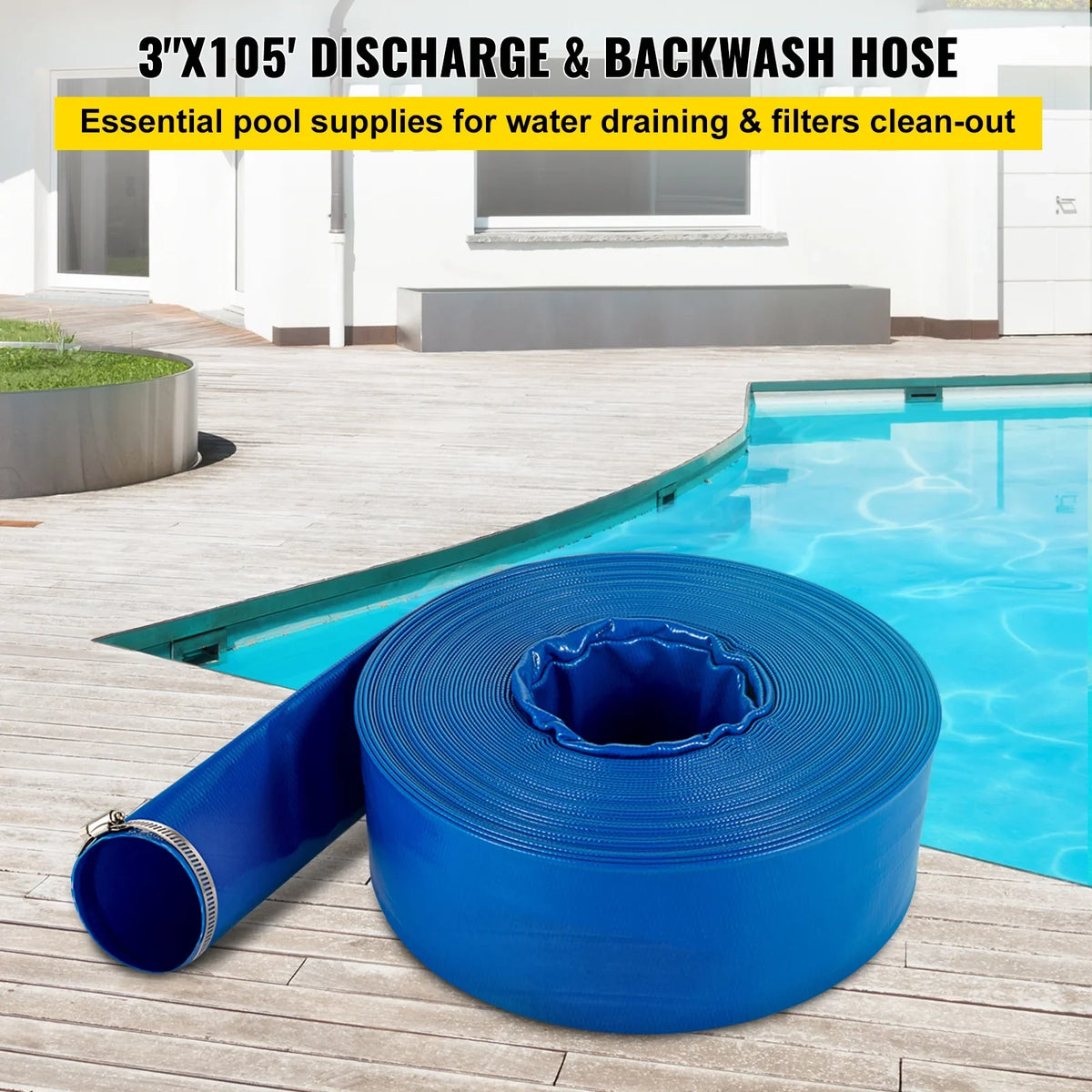 Discharge Hose, 3" x 105',  Fabric Lay Flat Hose, Heavy Duty Backwash Drain Hose with Clamps, Weather-proof & Burst-proof, Ideal for Swimming Pool & Water Transfer, Blue