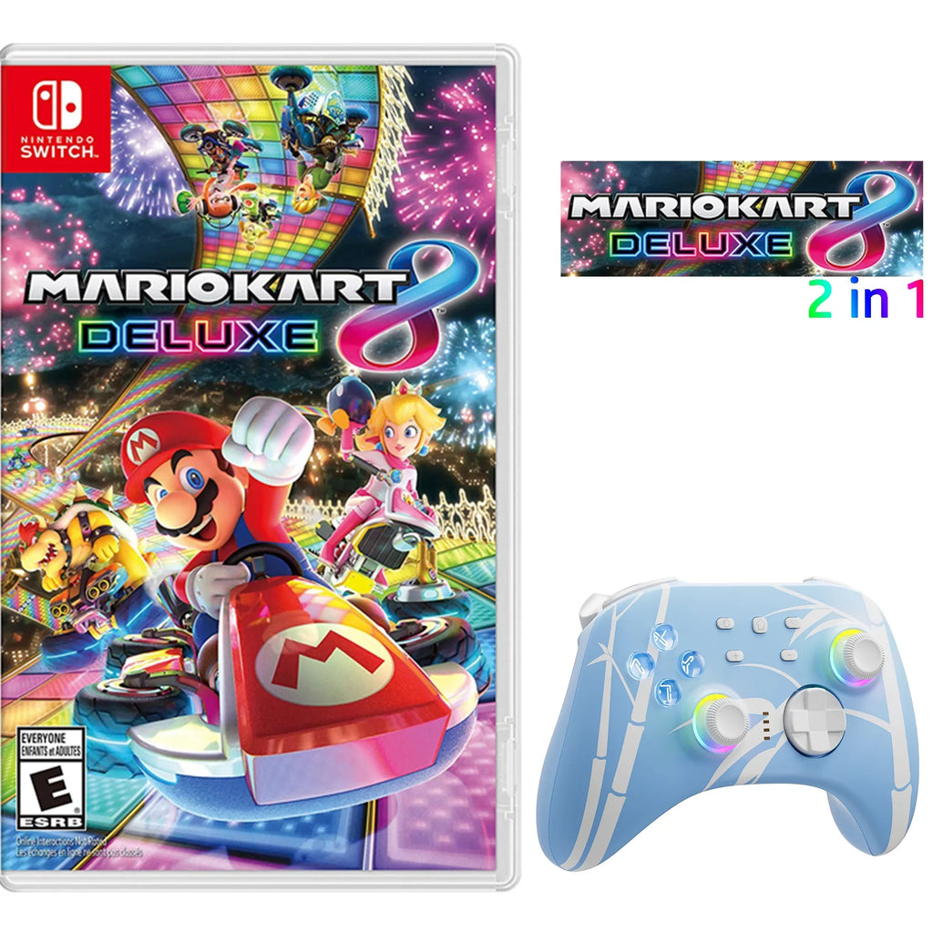 Mario Kart 8 Deluxe Game Disc and Upgraded Switch Pro Controller for Nintendo Switch///Android/Steam with Hall Effect Joysticks Triggers Pink, 2 Pairs of Joysticks