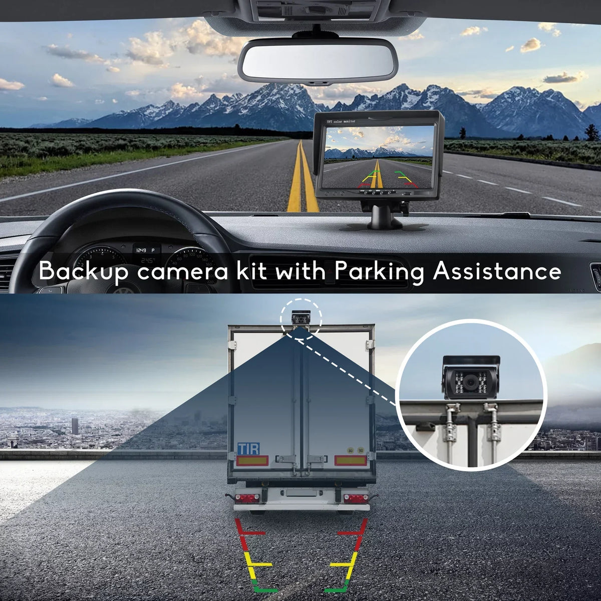 Backup Camera Kit, 7’’  Rear View Monitor with  Waterproof Night Vision Back up Rearview Reverse Cam with  Night Vision for Vans, Trucks, Camping Cars, RVs