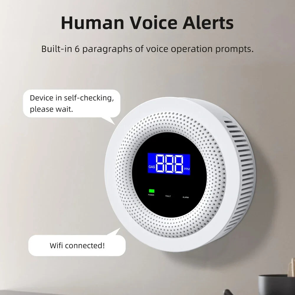 Tuya Wifi Gases Leakage Detection Device Live Voice Prompt  Remote Alarm with Concentration Display  Power Supplys High Decible Alarm