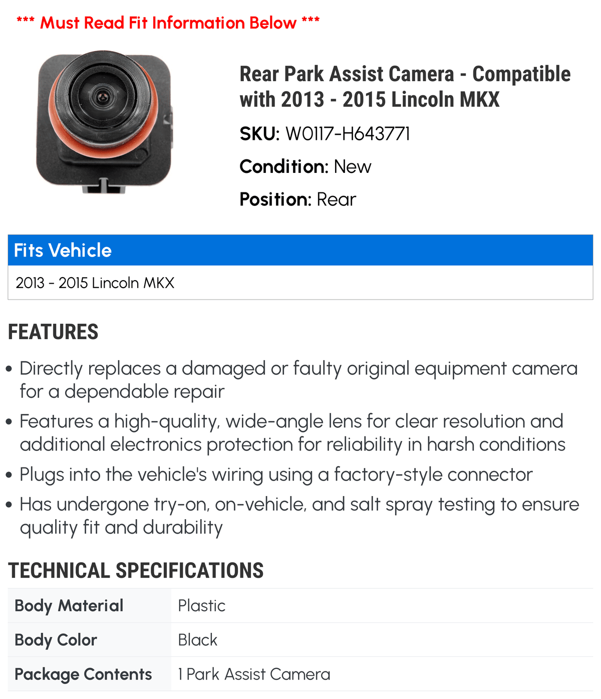 Rear Park Assist Camera - Compatible with 2013 - 2015 Lincoln  2014