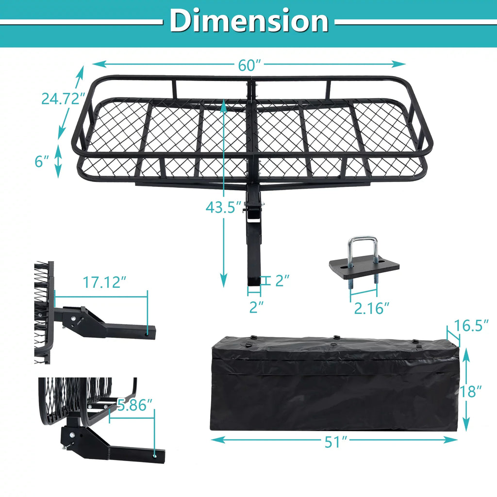 60" x 24" x 6" Hitched Mounted Folding Cargo Basket with a 500 lb Capacity for Car  Truck Trailer, Black