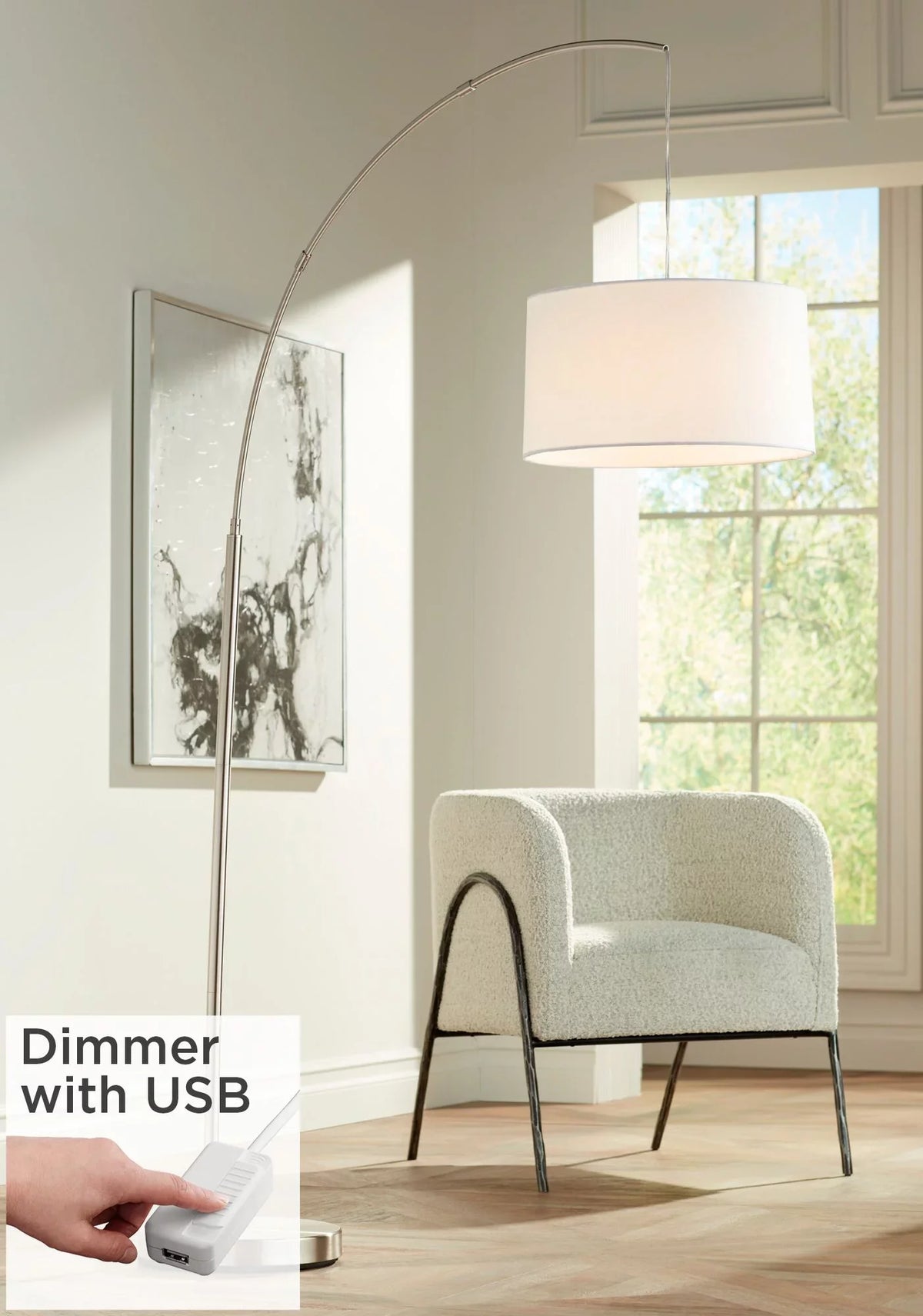 360 Lighting Modern Arc Floor Lamp with  Charging Port 72" Tall Brushed Nickel White Drum Shade for Living Room Reading House