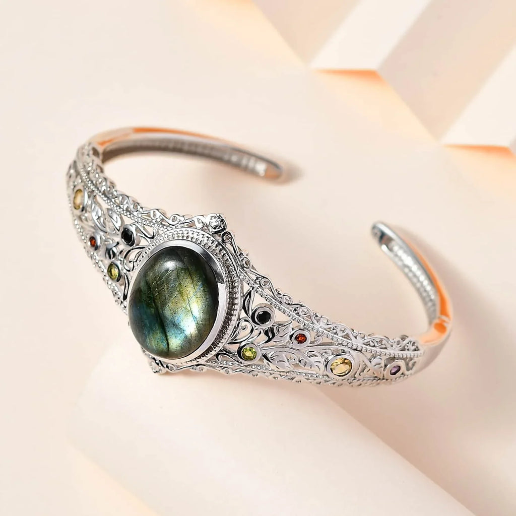 Shop  Labradorite Multi Gemstone Oval Platinum Plated Cuff Bangle Bracelet for Women Jewelry Size 7.25" Ct 15.05 Birthday Mothers Day Gifts for Mom