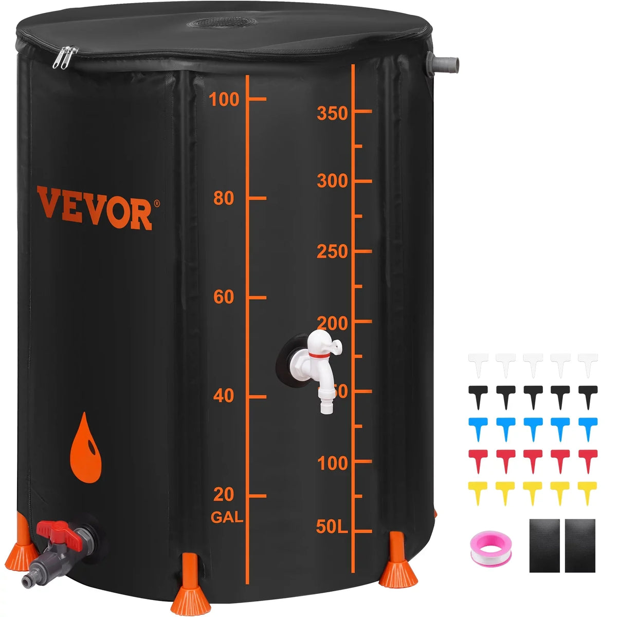 Collapsible Rain Barrel, 100 Gallon Large Capacity,  Rainwater Collection System Including Spigots and Overflow Kit, Portable Water Tank Storage Container