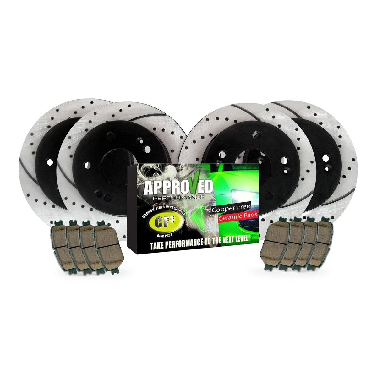 Approved Performance  Front & Rear Drilled & Slotted, Black Powder Coated Disc Brake Rotor & Pad Kit Fits 200, Compass, Patriot, Lancer, Caliber, Avenger, : With 302  (11.89") Rear Rotors