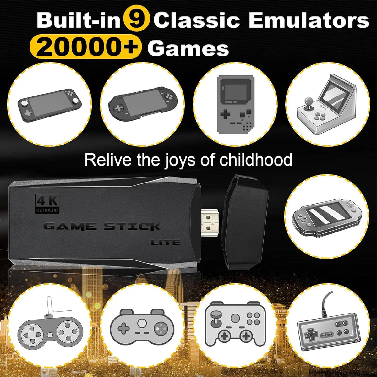 Retro Game Stick with Built-in 9 Emulators, Retro Gaming Console with 20,000+ Games,  Output and 2.4GHz Wireless Controller for  Plug and Play -  Classic Games