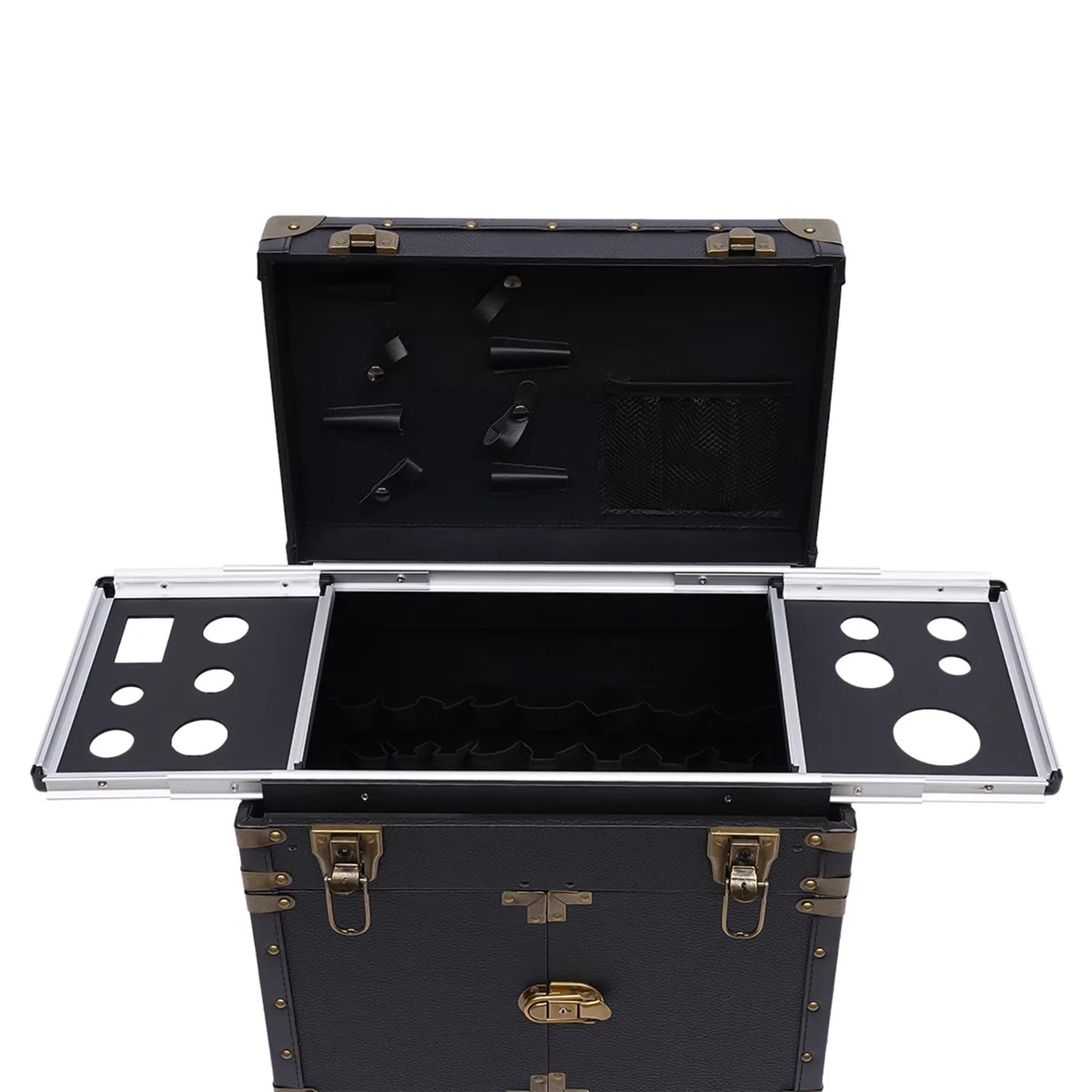 Miumaeov Rolling Lockable Makeup Train Case, Hairdressing Trolley Stylist Beauty Salon Cosmetic Luggage, Travel Organizer Tool Box with Hair Dryer Holder